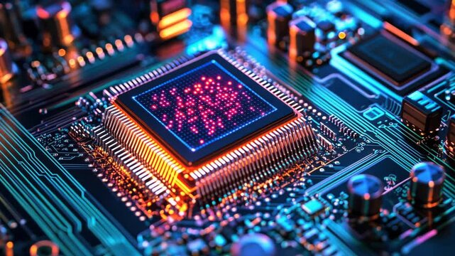 A dynamic visualization of quantum AI, with neural networks glowing alongside quantum chip imagery
