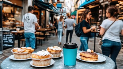 Fototapeta premium Coffee, pastries, and people enjoying a city street cafe.