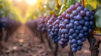 Ripe red grapes hanging on vine in vineyard at sunset. (2)