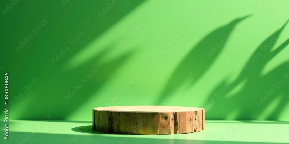 Aufkleber wooden display platform with leaf shadows on green background