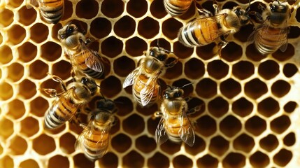 Close-up of honeybees on honeycomb.