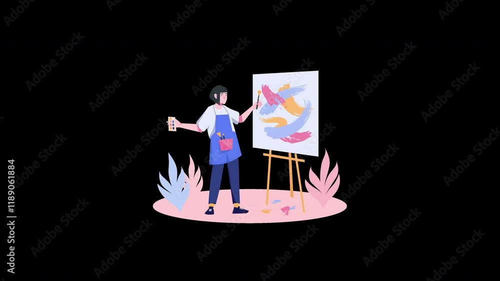 Poster a person painting on a canvas in a flat design style, featuring vibrant colors and a simple backgrou