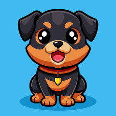 Obraz premium Cute Cartoon Rottweiler Puppy – Big Eyes, Red Collar, Playful Pose in Kawaii Chibi Style