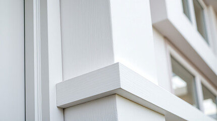 Obraz premium Modern White House Exterior Architecture: Clean Lines and Minimalist Design. High-quality image showcasing contemporary residential building details.