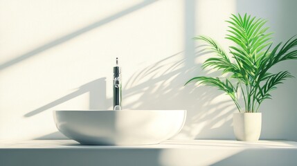 Fototapeta premium Minimalist bathroom sink with palm plant and sunlight shadows.