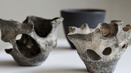 Abstract Gray & White Ceramic Sculptures, Modern Art Pottery, Home Decor