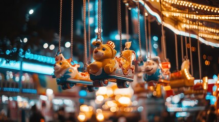 Fototapeta premium Night carousel with colorful animal figures.