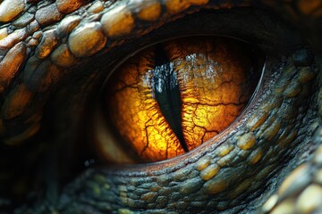 hyperrealistic closeup of amber dinosaur eye with vertical pupil scales reflecting jungle light capturing ancient wisdom and primal intensity