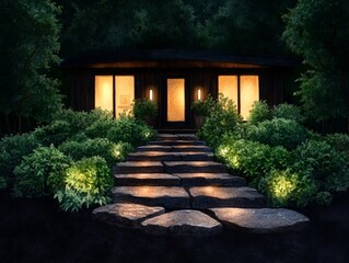 A cozy house illuminated at night, surrounded by lush greenery and stone pathway