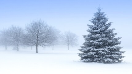 Obraz premium Snowy landscape with a frosted evergreen tree in a misty field.