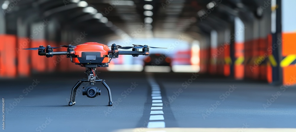 Poster advanced surveillance drone monitors deserted multi-level parking structure ensuring 247 security