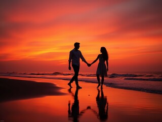 A couple holding hands walks along a beach at sunset, with the sky painted in vibrant orange and red hues.