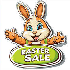 Easter bunny with sign that reads "EASTER SALE" , logo on a white background, in a clipart style. An Easter egg in the shape of an orange and green oval, in a sticker format. Design element for store,