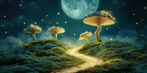 Glowing Mushrooms Illuminate A Moonlit Fantasy Path