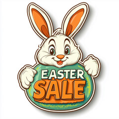 Easter bunny with sign that reads "EASTER SALE" , logo on a white background, in a clipart style. An Easter egg in the shape of an orange and green oval, in a sticker format. Design element for store,
