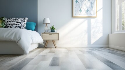 Fototapeta premium Sunlit bedroom with light wood floor, white bedding, and teal accents.