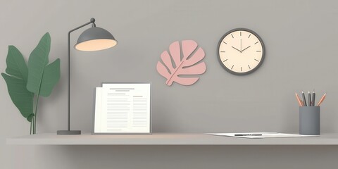 Stylish home office with plants, clock, and modern decor.