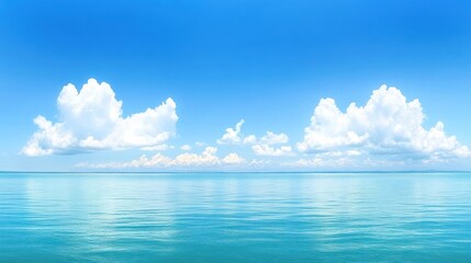 Fototapeta premium Serene ocean scene with fluffy white clouds under a vibrant blue sky.