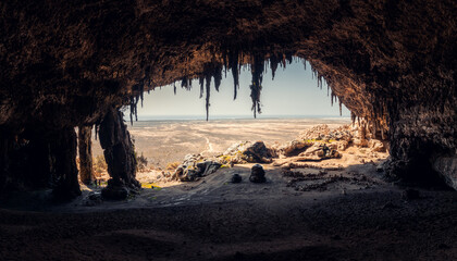Breathtaking view from inside of Degub cave in Socotra island, Yemen, with its karst sculptures and...