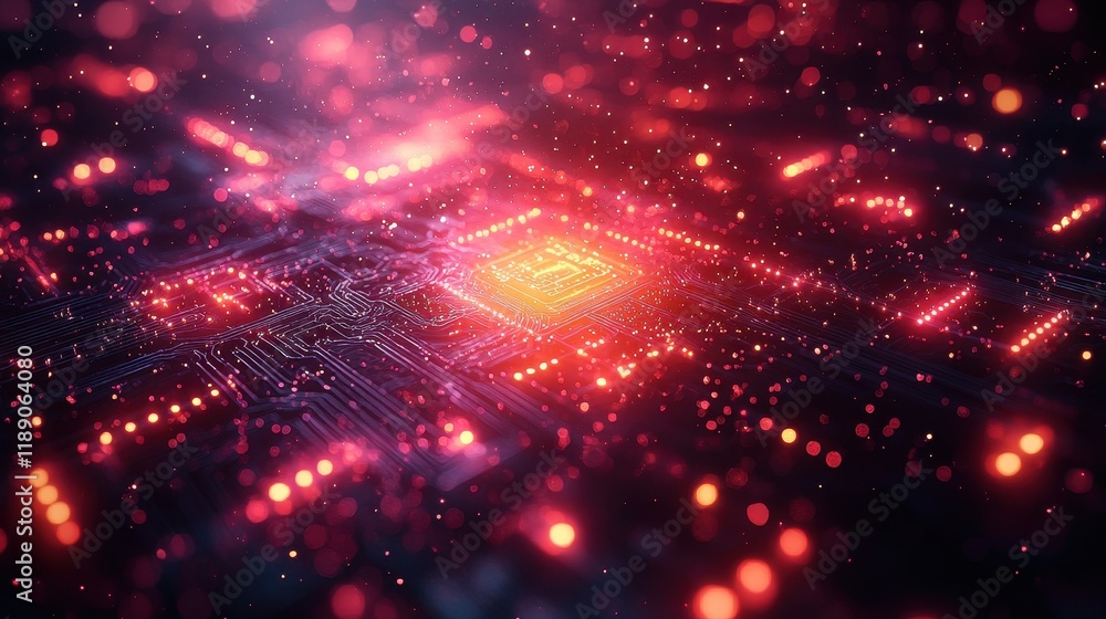 Poster abstract representation of a circuit board with glowing elements.