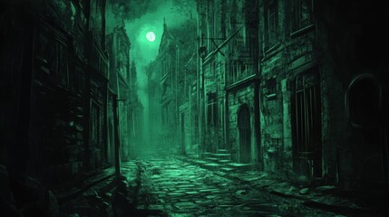Obraz premium Eerie Moonlight Illuminates a Desolate, Ancient Street, casting a mysterious green glow on aged buildings and cobblestone path