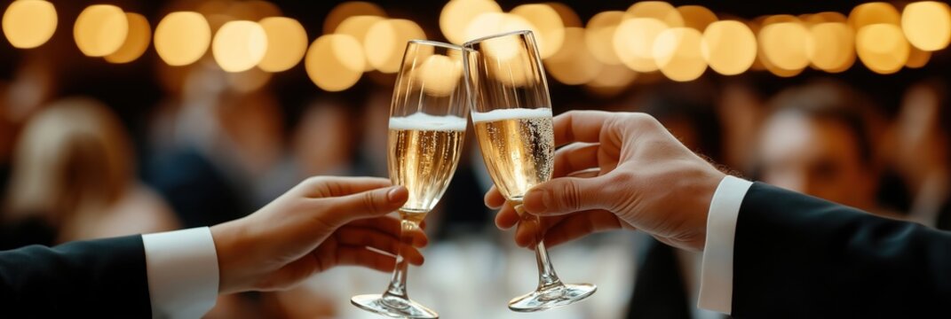 Business people in formal wear toast champagne glasses at company success celebration in ballroom. Soft lighting creates celebratory ambience for milestone achievement. Colleagues socialize in