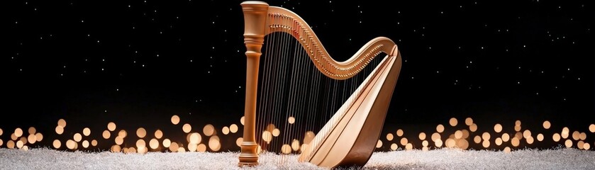 Elegant Wooden Harp on a Sparkling Surface with Bokeh Lights in the Background