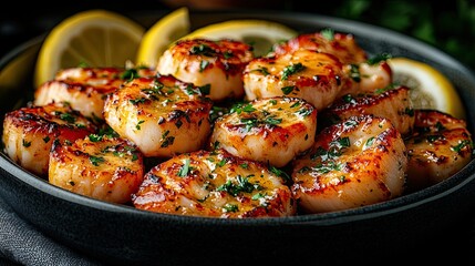 Lobster bites in aromatic garlic butter sauce.