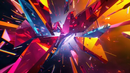 a mesmerizing explosion of geometric shapes and vivid colors, white space in the center of the page for text, vibrant and dynamic hues pulsating against a dark