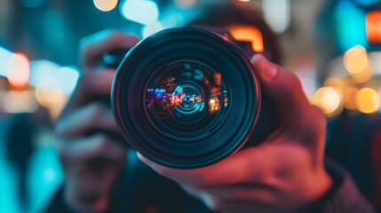 Photographer taking snapshots, with a hand holding a camera and looking through the lens, emphasizing professional photography