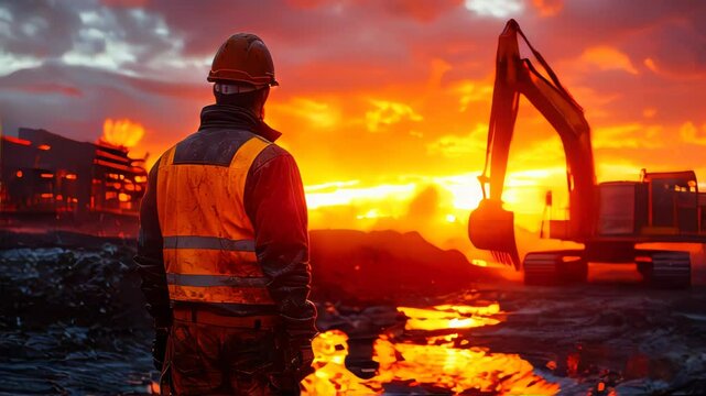 A construction site at sunset with an excavator and worker silhouetted against a vivid orange and red sky, reflected in water