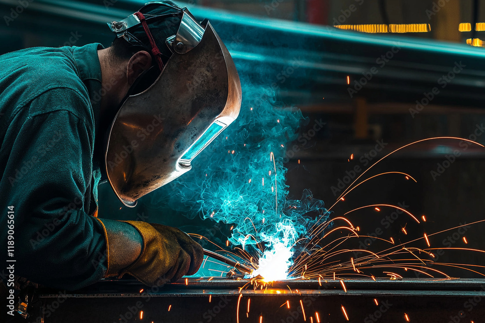 Poster welder creates sparks while working in workshop