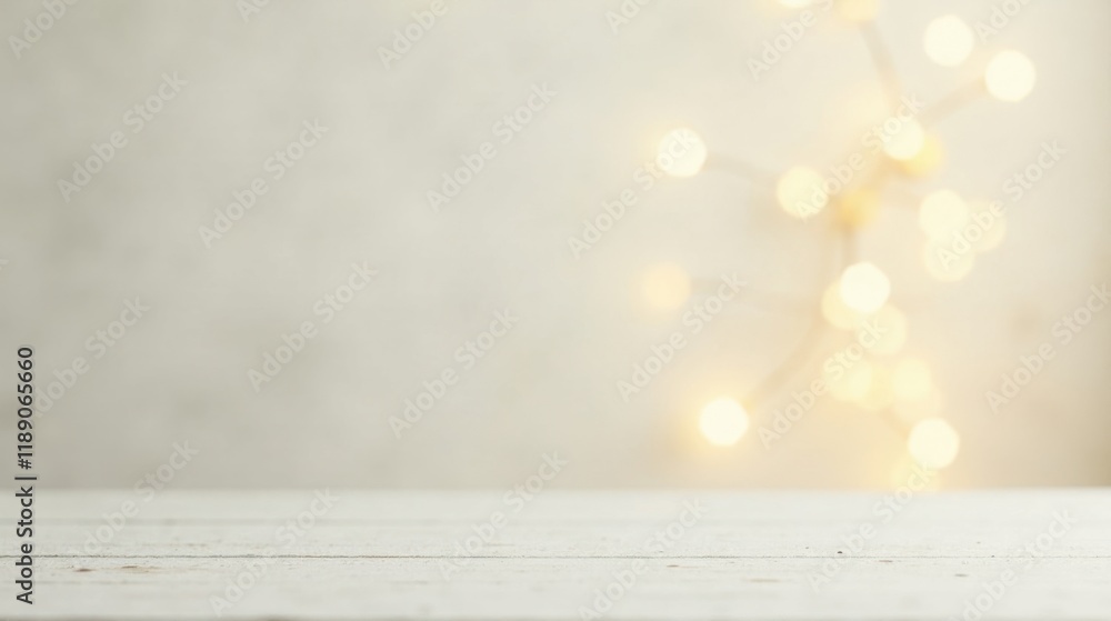 Poster White Wooden Surface with Soft Bokeh Lights Background