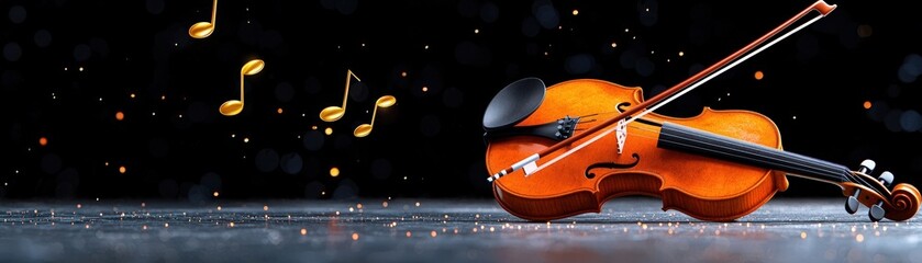 Elegant violin with musical notes and sparkles in dramatic lighting on a dark background