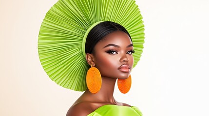 Black model wearing a lime-green dress with bold orange accessories.