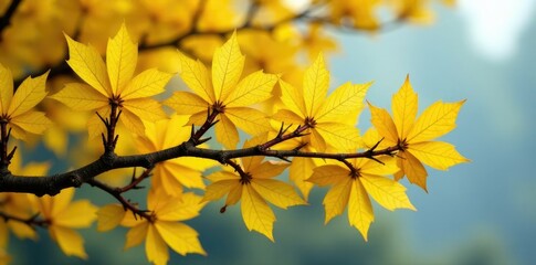 Obraz premium Yellow gingko tree with dried pine needles stuck to its branches, branch, leaf, pine