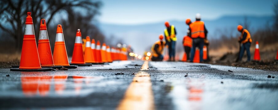 Road construction work in progress. Workers install traffic cones, barriers to secure construction zone. Roadway wet. Safety measures in place. Urban infrastructure project. Construction team working