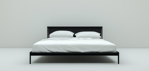A sleek minimalist bed with a black metal frame and crisp white bedding, set against a smooth slate gray background.