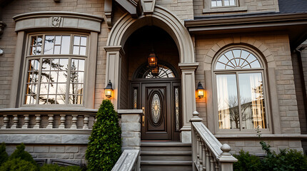 Elegant Home Exterior: Luxury House with Classic Architecture and Grand Entrance.  Discover the timeless beauty and sophisticated design of this stunning residential property.