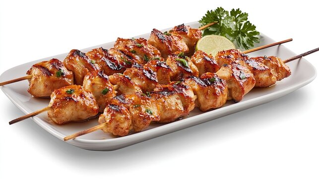 Grilled chicken skewers, seasoned with spices.