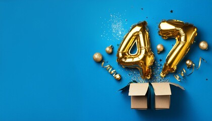 Number 47 birthday balloon celebration gift box lay flat explosion, copy space. Generated image