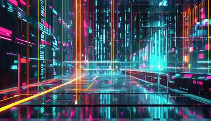 Abstract Futuristic Digital Business Background: Neon Cyberpunk Design, High-Tech Data Networks, Virtual Reality Interfaces, Technological Aesthetics, AI Innovation, Digital Transformation, ESG