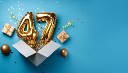 Obraz premium Number 47 birthday balloon celebration gift box lay flat explosion, copy space. Generated image