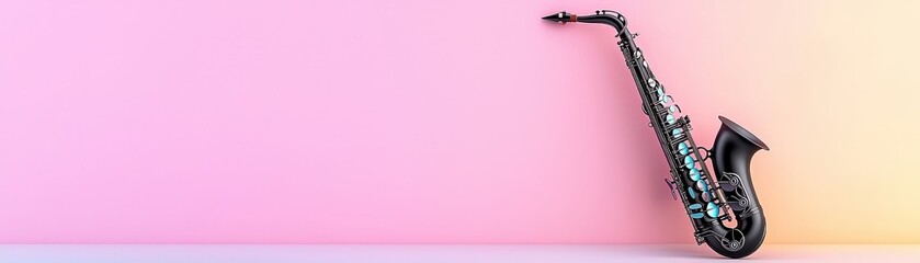 Fototapeta premium Elegant Black Saxophone Against a Soft Gradient Background in Pastel Pink and Peach Tones