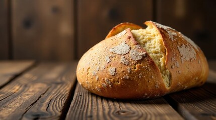 Rustic artisan loaf of bread, partially sliced, rests on weathered wooden surface