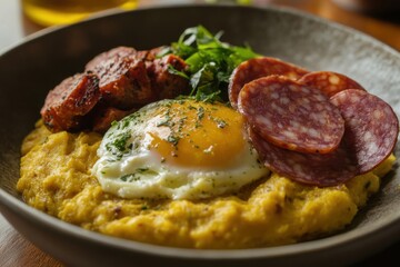 Delicious dominican mangu breakfast platter with creamy plantains, crispy cheese, salami, and eggs, perfect for celebrating hispanic heritage month and culinary traditions