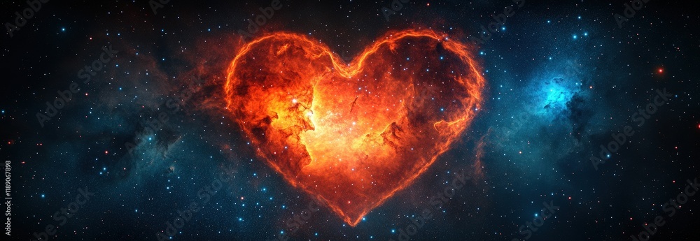 Poster heart shaped object in the center of a vibrant colorful nebula in outer space valentine day