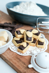 Homemade chocolate cookies on wooden plate with all ingredients, photographed from the top view