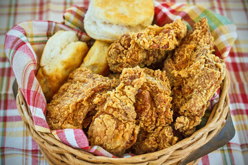basket of crispy fried chicken and biscuits 