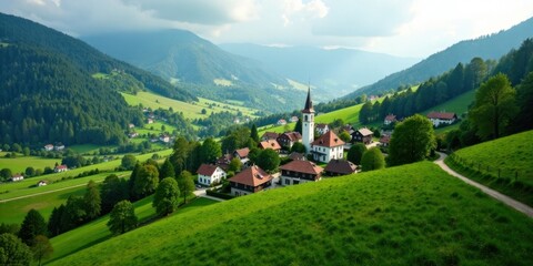 Obraz premium Serene Village nestled in a Verdant Valley, surrounded by lush green hills and a steeple church